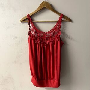 Red Crochet Neckline Top Size M EUC